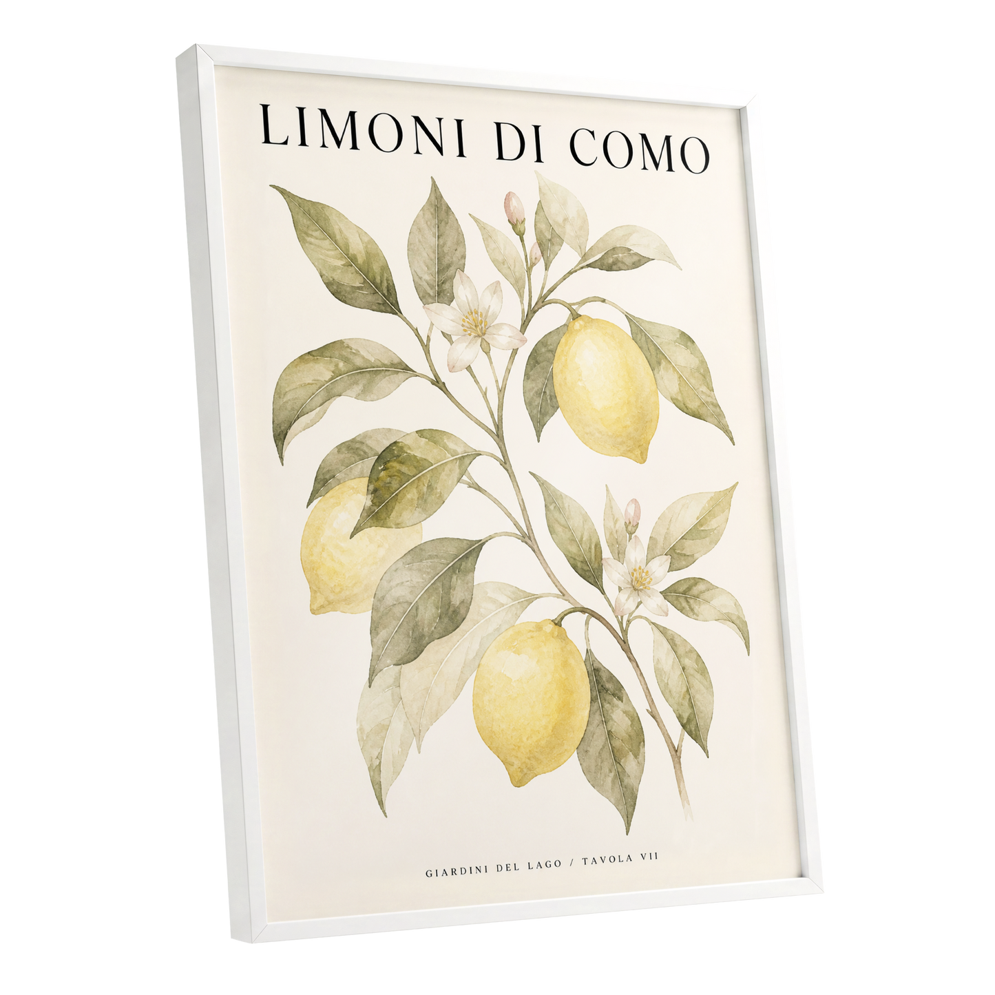 Lemons of Lake Como, yellow, green, beige nature wall art shown as a white framed poster wall art print