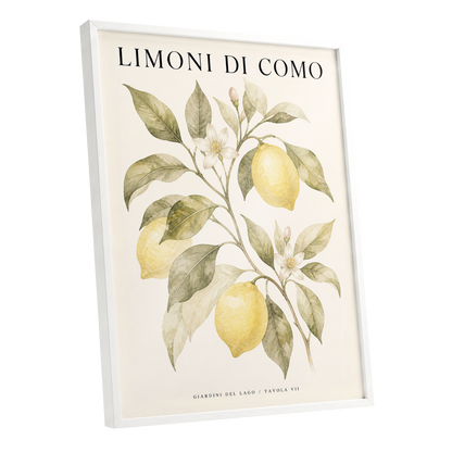 Lemons of Lake Como, yellow, green, beige nature wall art shown as a white framed poster wall art print