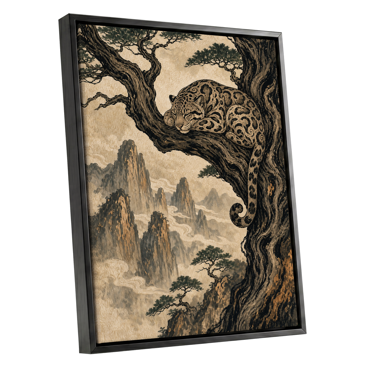 Leopard Above the Mist, black, beige, brown nature wall art shown as a black framed canvas wall art