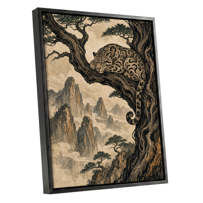 Leopard Above the Mist, black, beige, brown nature wall art shown as a black framed canvas wall art