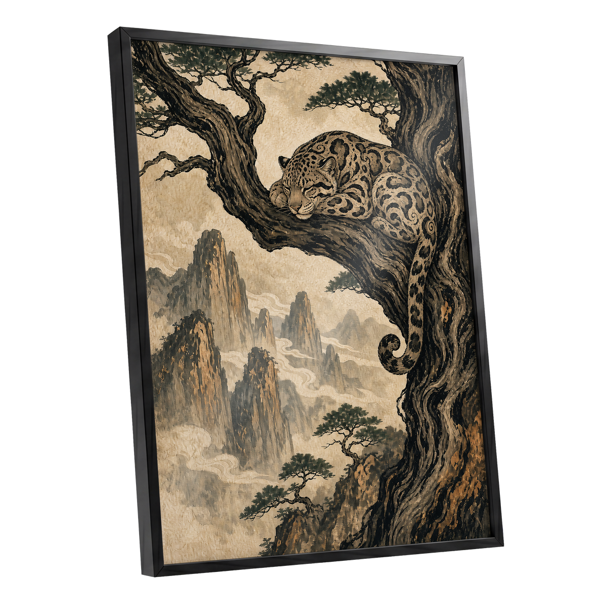 Leopard Above the Mist, black, beige, brown nature wall art shown as a black framed poster wall art print