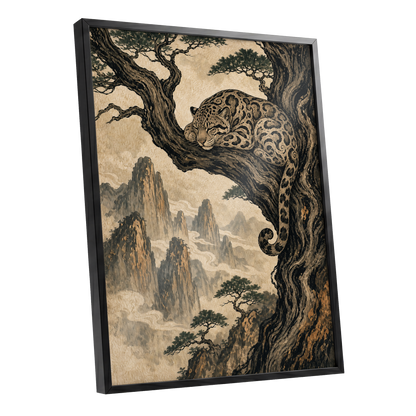 Leopard Above the Mist, black, beige, brown nature wall art shown as a black framed poster wall art print