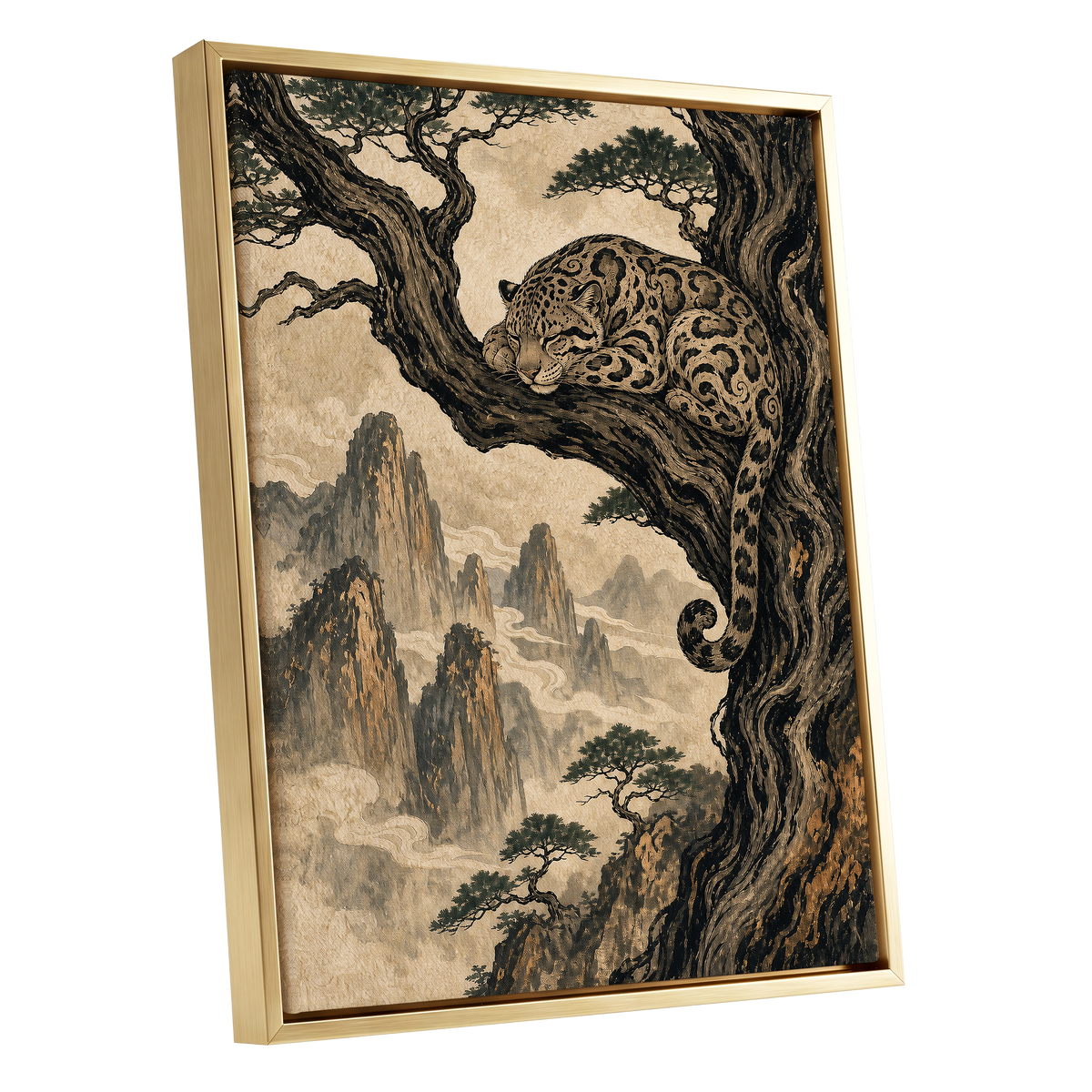 Leopard Above the Mist, black, beige, brown nature wall art shown as a gold framed canvas wall art