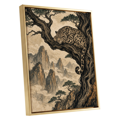 Leopard Above the Mist, black, beige, brown nature wall art shown as a gold framed canvas wall art