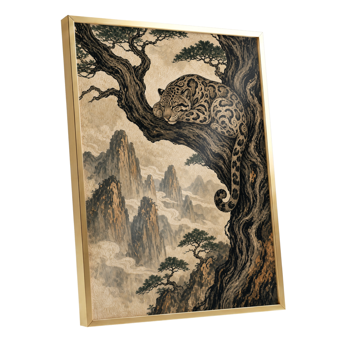 Leopard Above the Mist, black, beige, brown nature wall art shown as a gold framed poster wall art print