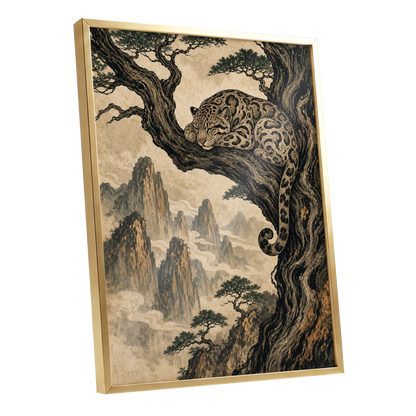 Leopard Above the Mist, black, beige, brown nature wall art shown as a gold framed poster wall art print