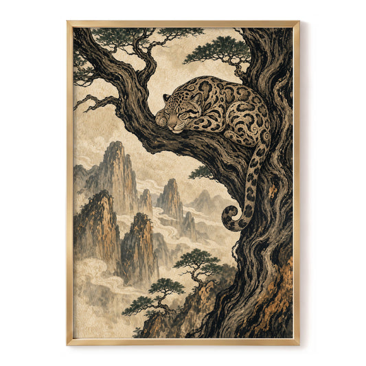 Leopard Above the Mist, black, beige, brown nature wall art, front artwork view