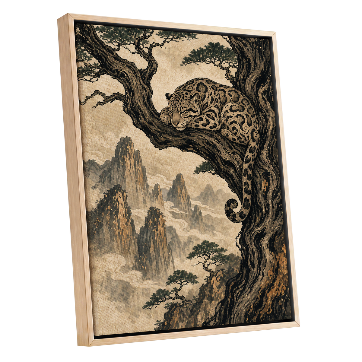 Leopard Above the Mist, black, beige, brown nature wall art shown as a oak framed canvas wall art