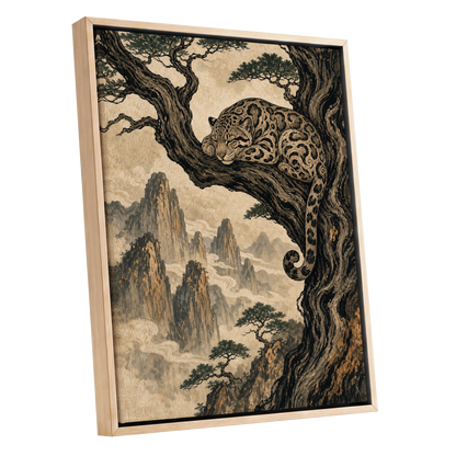 Leopard Above the Mist, black, beige, brown nature wall art shown as a oak framed canvas wall art