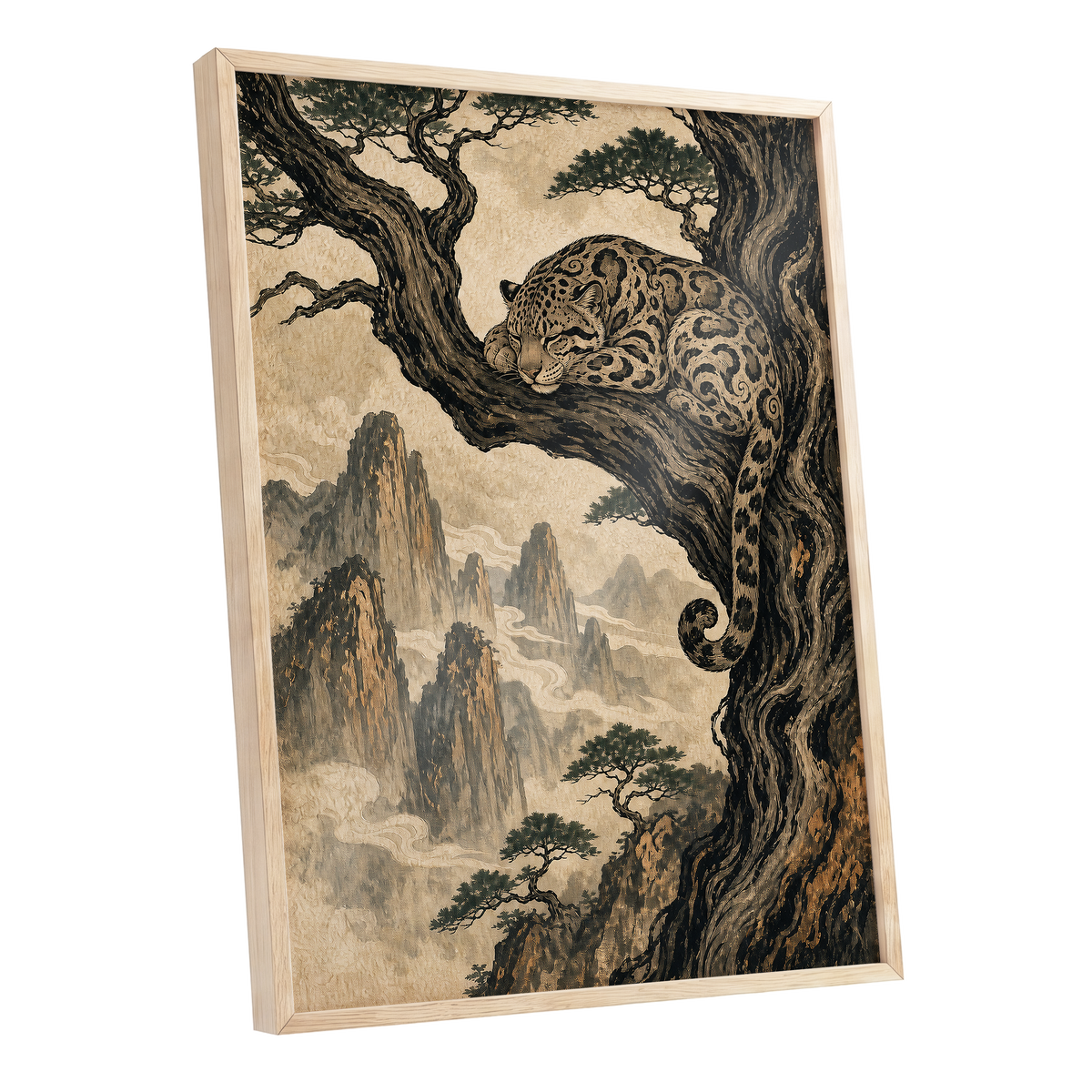 Leopard Above the Mist, black, beige, brown nature wall art shown as a oak framed poster wall art print