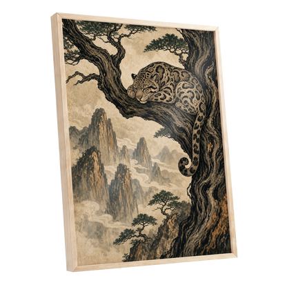 Leopard Above the Mist, black, beige, brown nature wall art shown as a oak framed poster wall art print