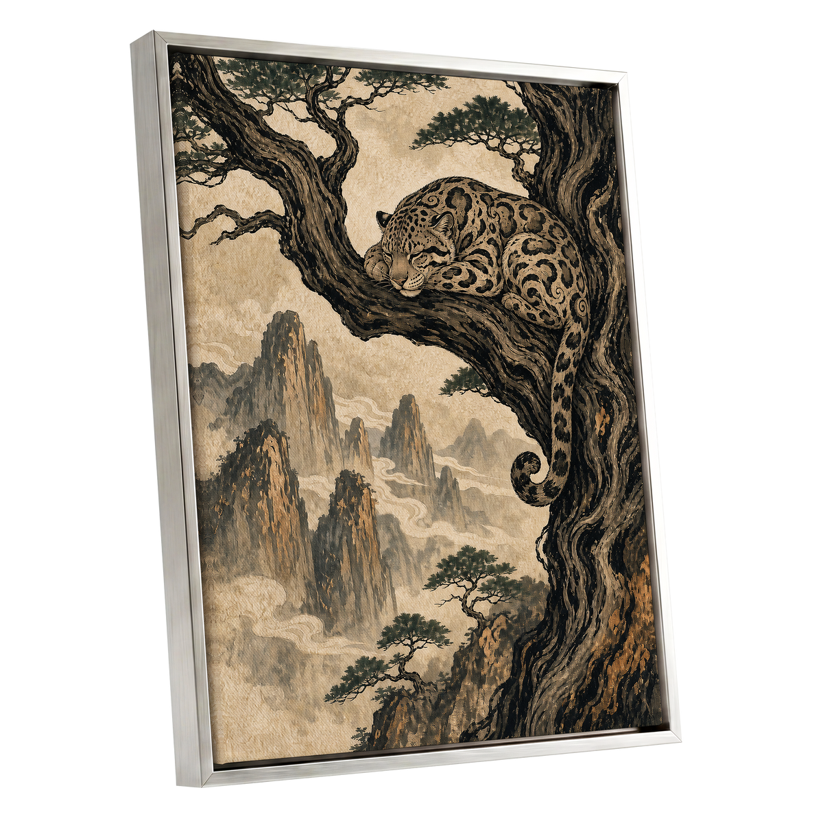 Leopard Above the Mist, black, beige, brown nature wall art shown as a silver framed canvas wall art