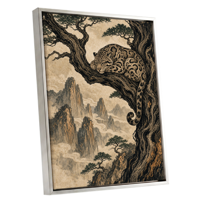 Leopard Above the Mist, black, beige, brown nature wall art shown as a silver framed canvas wall art