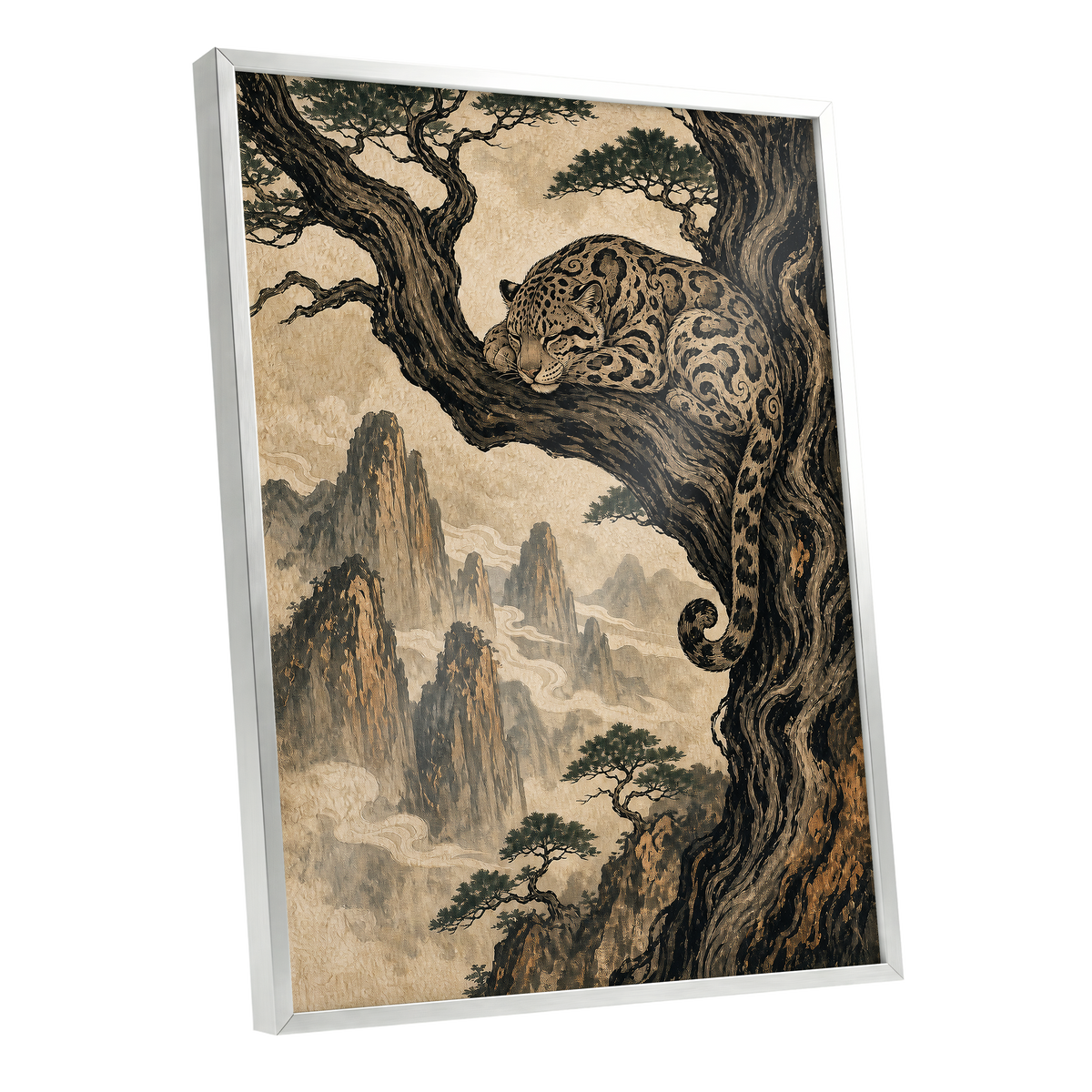 Leopard Above the Mist, black, beige, brown nature wall art shown as a silver framed poster wall art print
