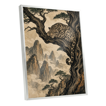 Leopard Above the Mist, black, beige, brown nature wall art shown as a silver framed poster wall art print