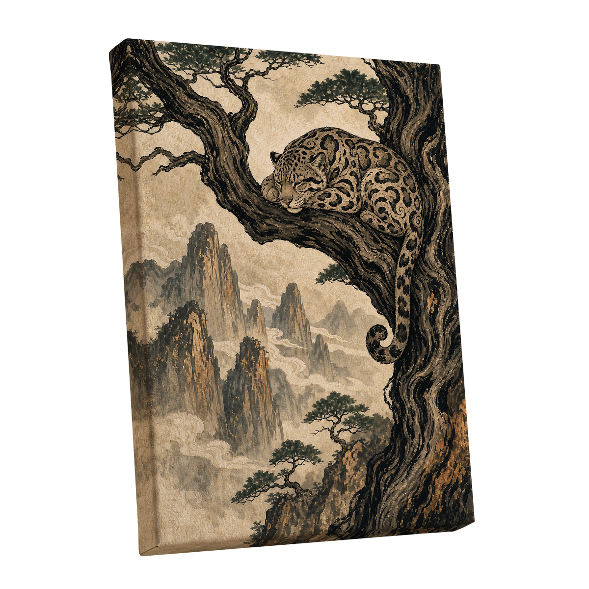 Leopard Above the Mist, black, beige, brown nature wall art shown as a stretched canvas wall art