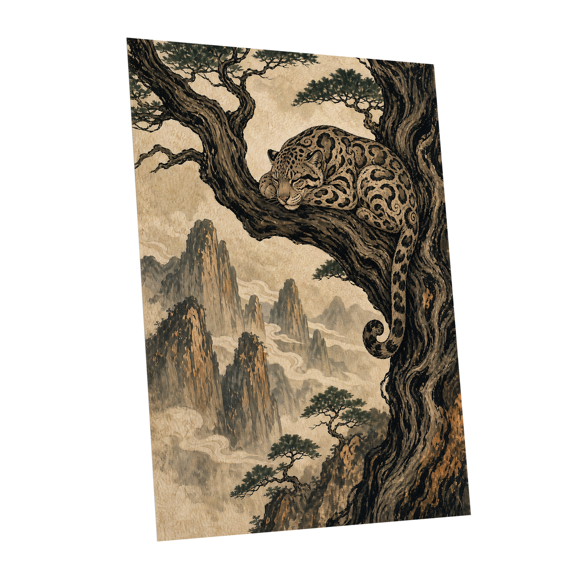 Leopard Above the Mist, black, beige, brown nature wall art shown as a unframed poster wall art print