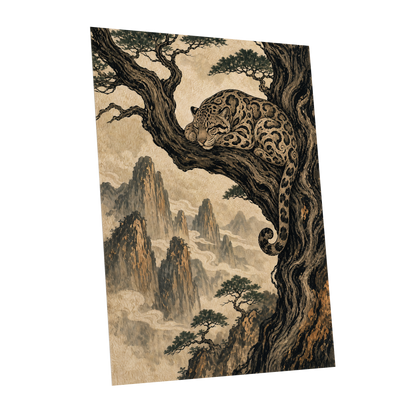 Leopard Above the Mist, black, beige, brown nature wall art shown as a unframed poster wall art print
