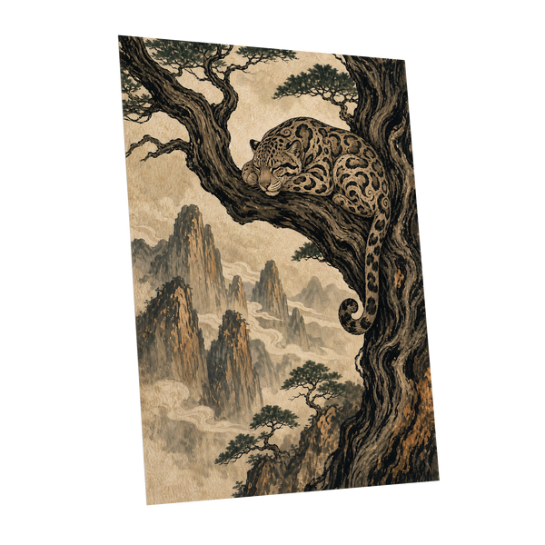 Leopard Above the Mist, black, beige, brown nature wall art shown as a unframed poster wall art print