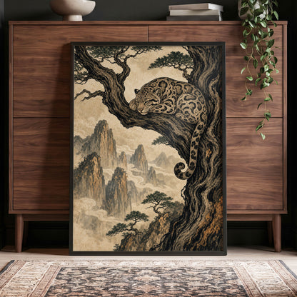 Leopard Above the Mist, black, beige, brown nature wall art displayed in a styled interior, gallery view 2