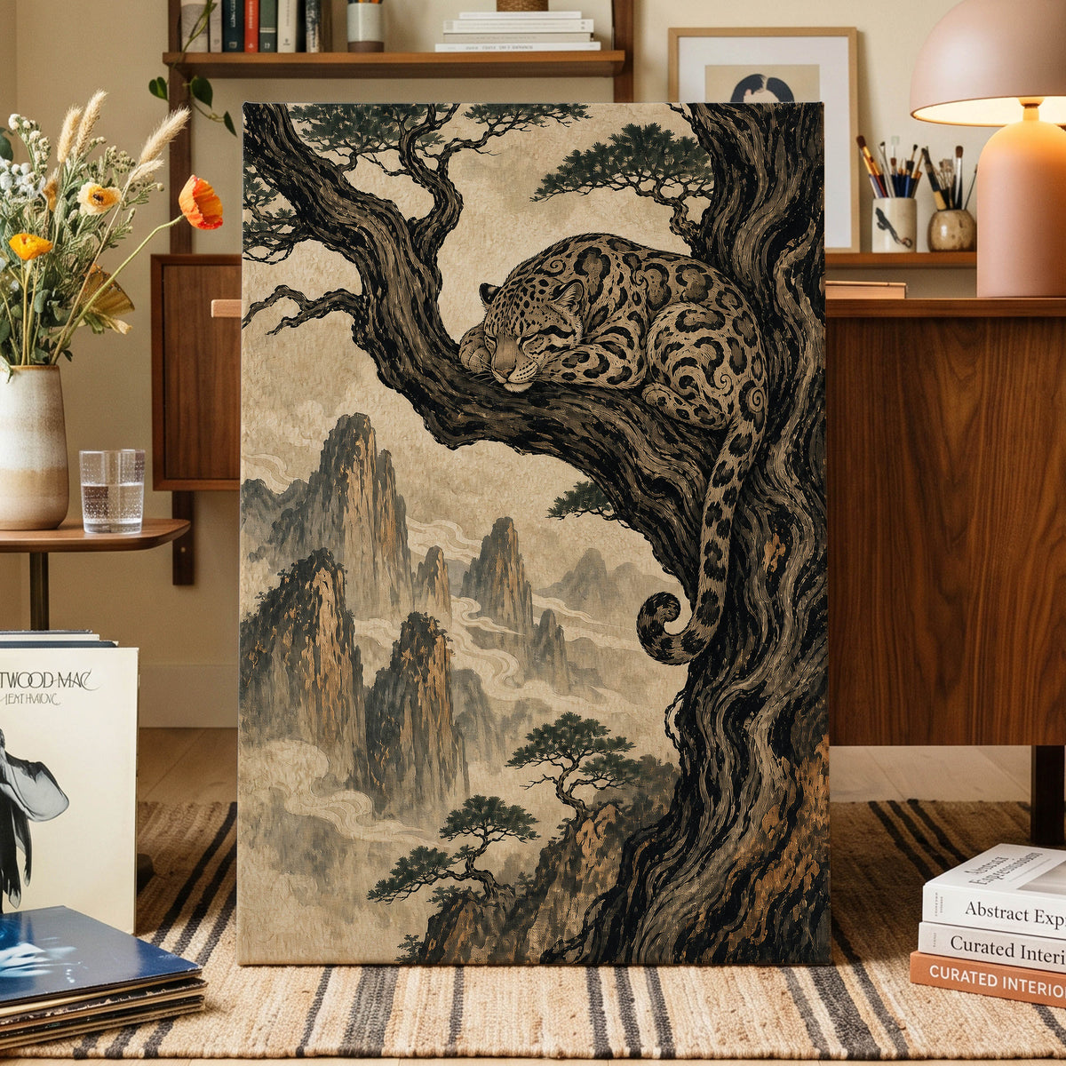Leopard Above the Mist, black, beige, brown nature wall art displayed in a styled interior, gallery view 3