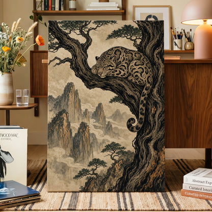 Leopard Above the Mist, black, beige, brown nature wall art displayed in a styled interior, gallery view 3