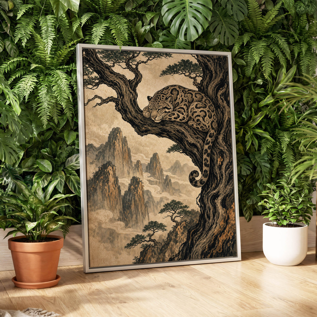 Leopard Above the Mist, black, beige, brown nature wall art displayed in a styled interior, gallery view 4