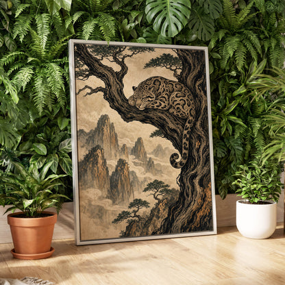 Leopard Above the Mist, black, beige, brown nature wall art displayed in a styled interior, gallery view 4