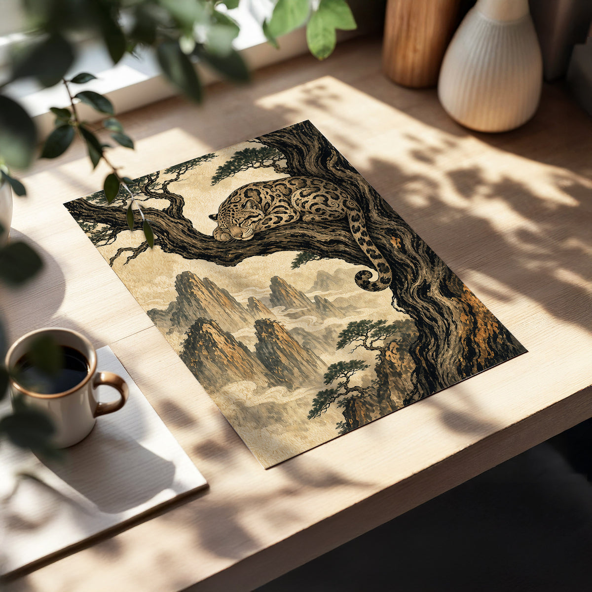 Leopard Above the Mist, black, beige, brown nature wall art displayed in a styled interior, gallery view 5
