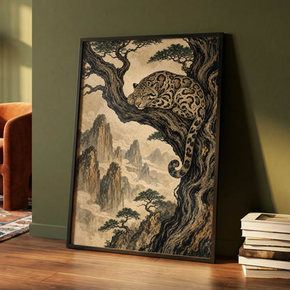 Leopard Above the Mist, black, beige, brown nature wall art displayed in a styled interior, gallery view 6