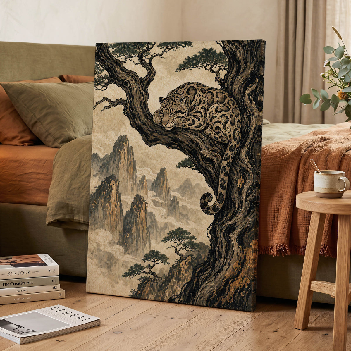 Leopard Above the Mist, black, beige, brown nature wall art displayed in a styled interior, gallery view 7