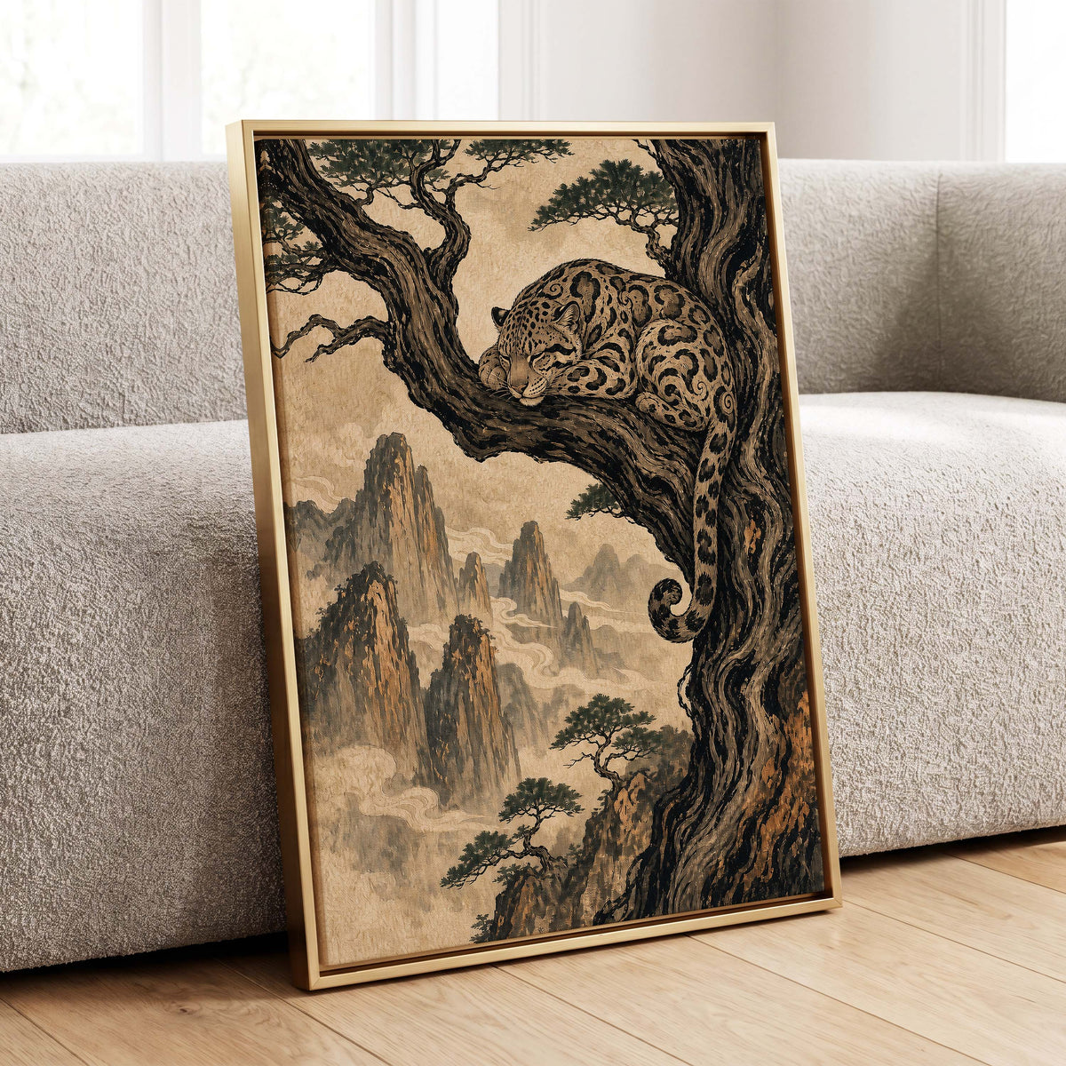Leopard Above the Mist, black, beige, brown nature wall art displayed in a styled interior, gallery view 8