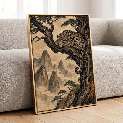 Leopard Above the Mist, black, beige, brown nature wall art displayed in a styled interior, gallery view 8