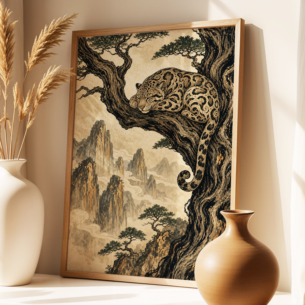 Leopard Above the Mist, black, beige, brown nature wall art displayed in a styled interior, gallery view 9