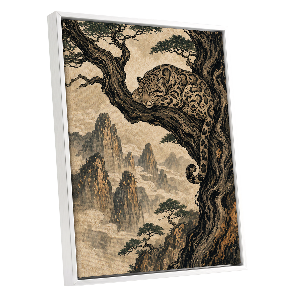 Leopard Above the Mist, black, beige, brown nature wall art shown as a white framed canvas wall art