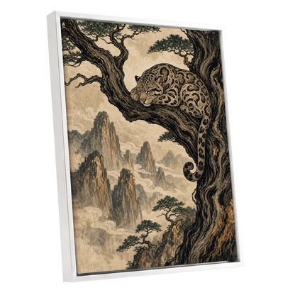 Leopard Above the Mist, black, beige, brown nature wall art shown as a white framed canvas wall art