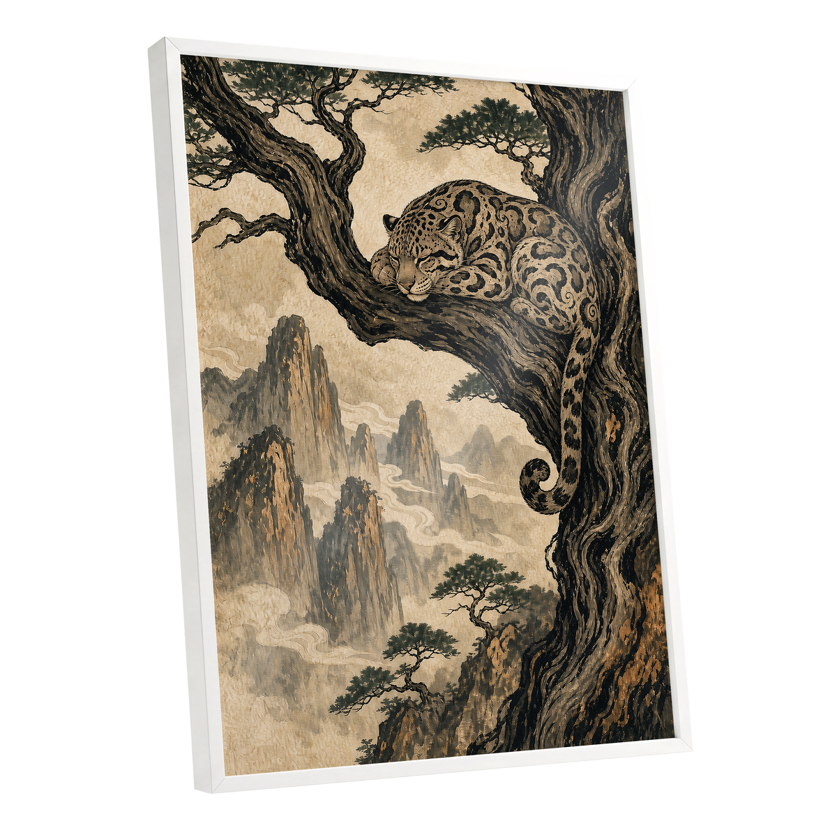 Leopard Above the Mist, black, beige, brown nature wall art shown as a white framed poster wall art print