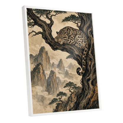 Leopard Above the Mist, black, beige, brown nature wall art shown as a white framed poster wall art print