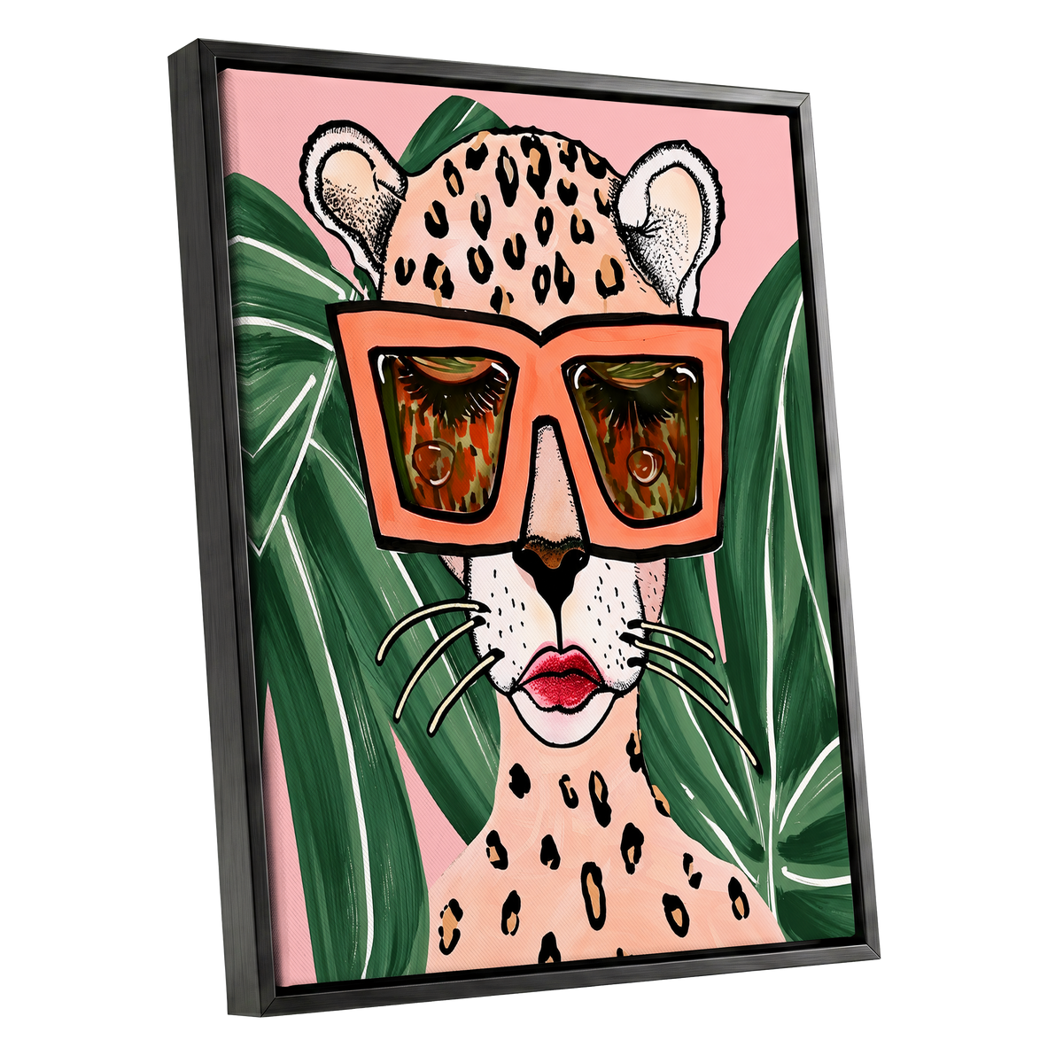 Leopard in Coral Shades, pink, green, orange nature wall art shown as a black framed canvas wall art