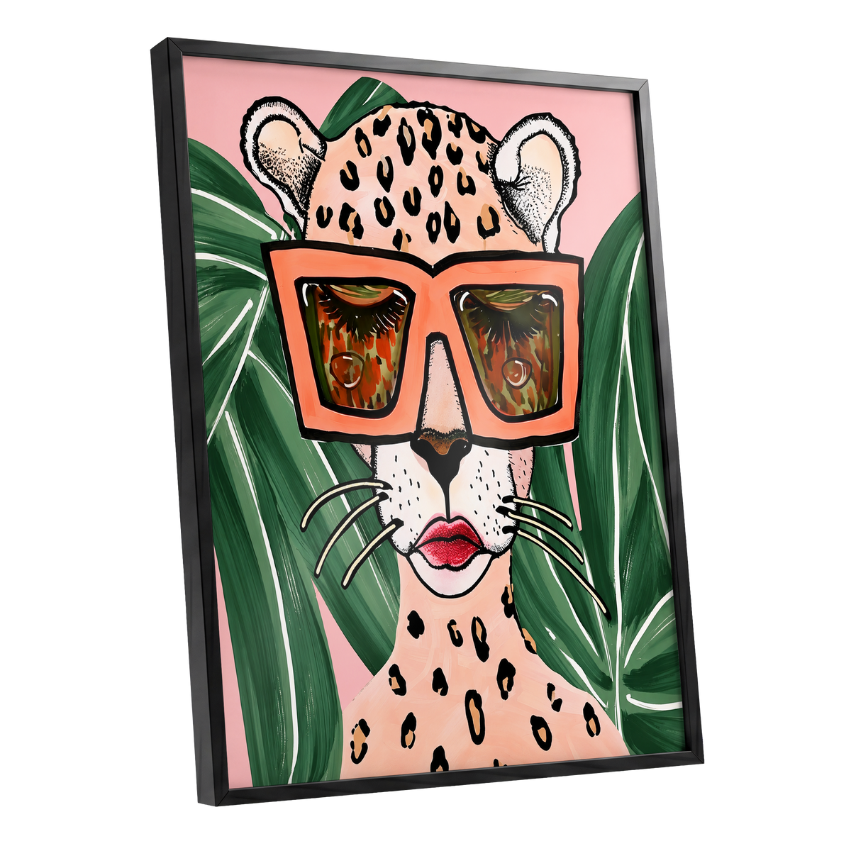 Leopard in Coral Shades, pink, green, orange nature wall art shown as a black framed poster wall art print