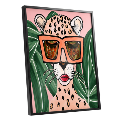 Leopard in Coral Shades, pink, green, orange nature wall art shown as a black framed poster wall art print