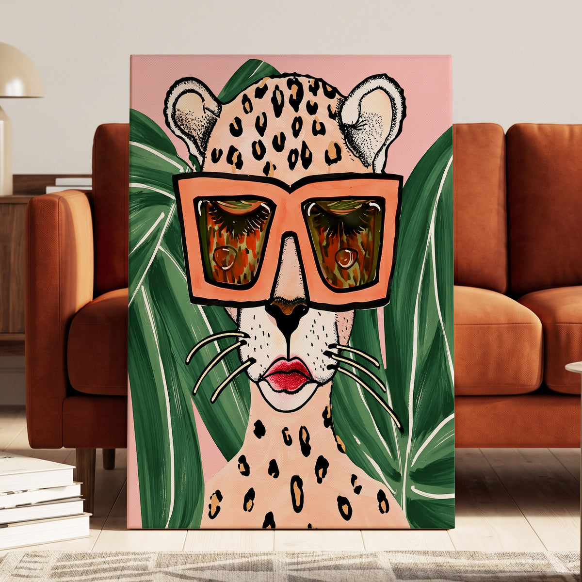 Leopard in Coral Shades, pink, green, orange nature wall art on canvas displayed in a styled interior, gallery view 2