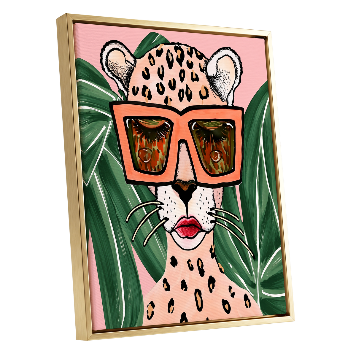 Leopard in Coral Shades, pink, green, orange nature wall art shown as a gold framed canvas wall art