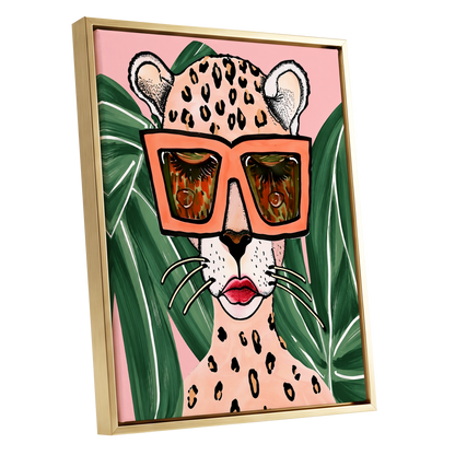 Leopard in Coral Shades, pink, green, orange nature wall art shown as a gold framed canvas wall art