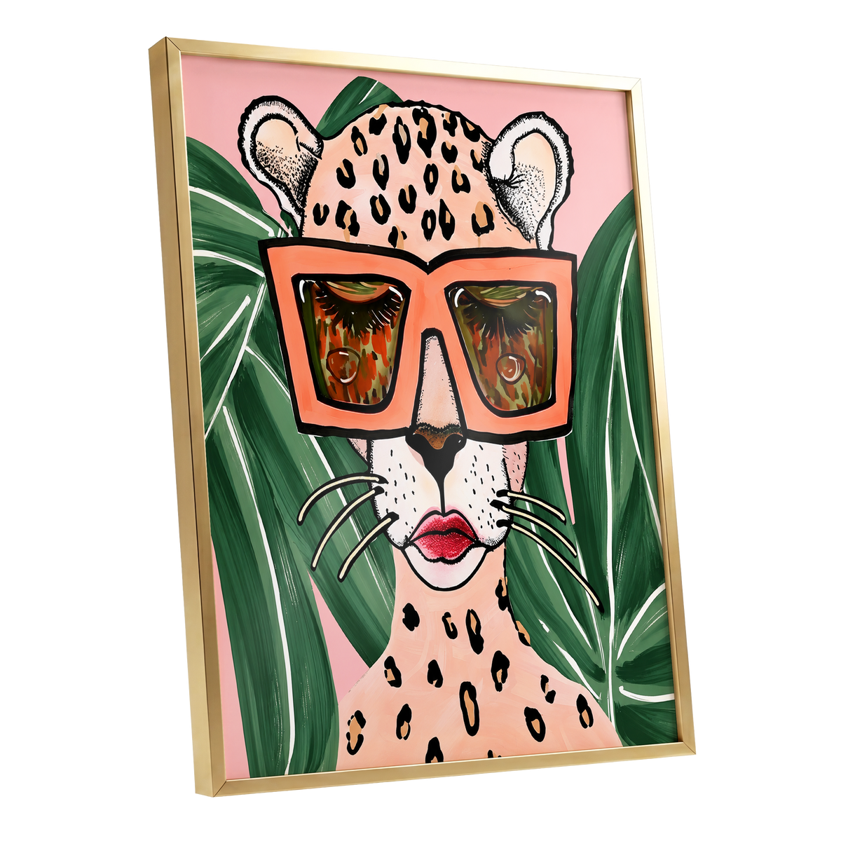 Leopard in Coral Shades, pink, green, orange nature wall art shown as a gold framed poster wall art print