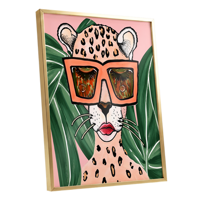 Leopard in Coral Shades, pink, green, orange nature wall art shown as a gold framed poster wall art print