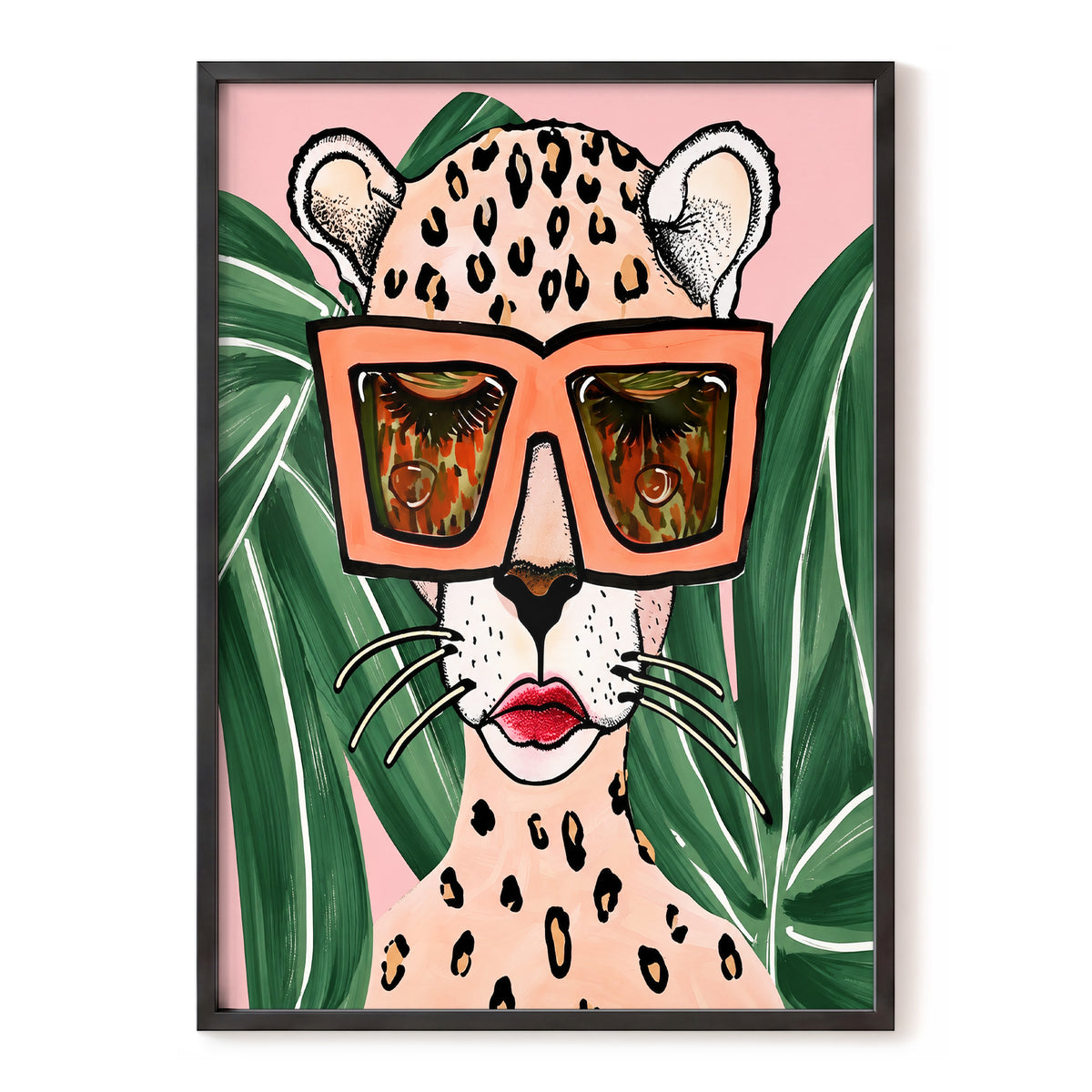 Leopard in Coral Shades, pink, green, orange nature wall art, front artwork view