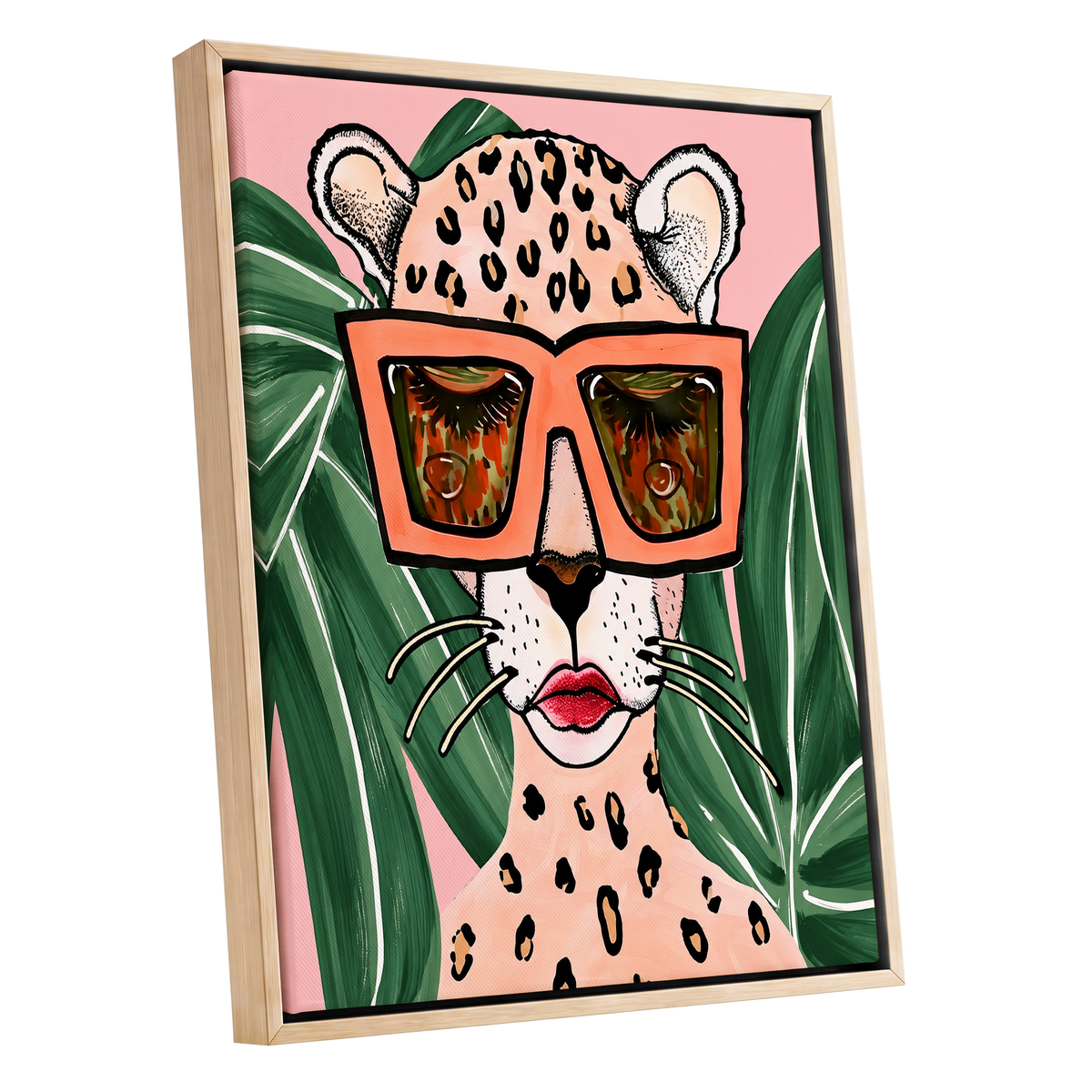 Leopard in Coral Shades, pink, green, orange nature wall art shown as a oak framed canvas wall art