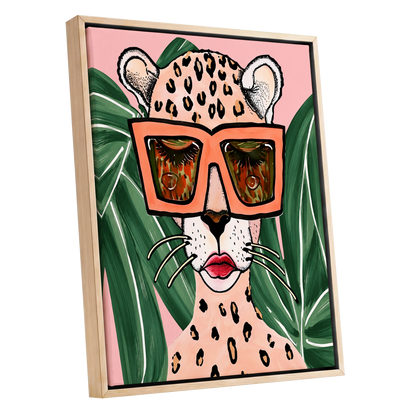 Leopard in Coral Shades, pink, green, orange nature wall art shown as a oak framed canvas wall art