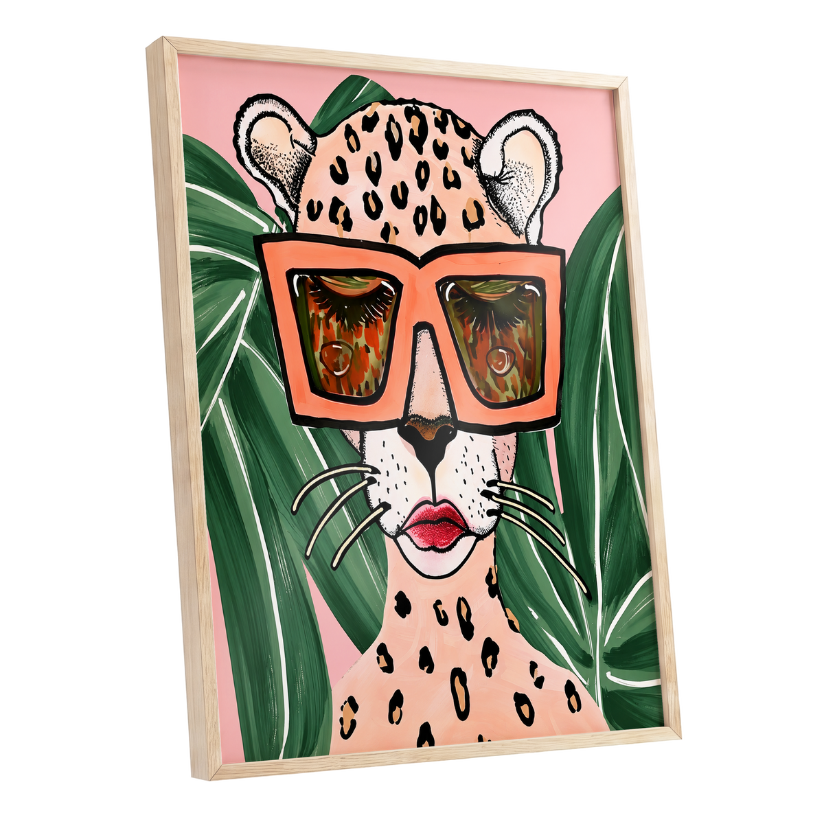 Leopard in Coral Shades, pink, green, orange nature wall art shown as a oak framed poster wall art print